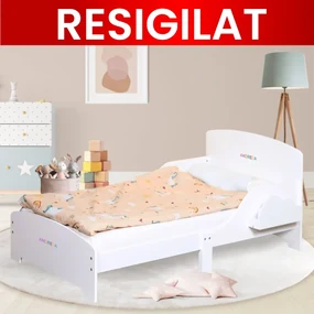 Pat Copii Suporto cu Protectie Laterala si Raft Depozitare Carti si Jucarii, Model Norisor, Patut pentru Baieti si Fetite Varsta de 3 - 8 Ani,