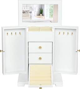 HOMCOM Cutie de bijuterii pentru femei cu 4 nivele, cutie din lemn cu aripi, oglindă și 2 sertare, 26,5x16 x33,5 cm, Alb | Aosom Romania