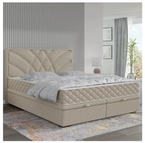Pat tapițat GINA 160x200 cm, bej, cu saltele incluse și spațiu de depozitare