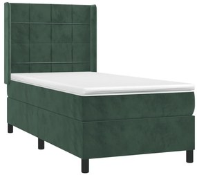 Pat box spring cu saltea, verde inchis, 90x190 cm, catifea Verde inchis, 90 x 190 cm, Cu blocuri patrate