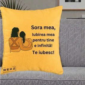 Cadou pentru Sora - Perna Personalizata Sora Mea Te Iubesc Doua Fete Fashioniste Line Art, 40x40 cm, Galben, Husa Detasabila, Perna Inclusa, BEKZ®