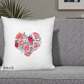 Perna Decorativa Inima din Bujori Acuarela, 40x40 cm, Alb Pufos, Husa Detasabila, Perna Inclusa, BEKZ®