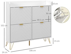 HOMCOM Dulap pentru încălțăminte 4 abtibilduri, cu raft reglabil, depozitare încălțăminte 106 x 24 x 102 cm, alb | Aosom Romania
