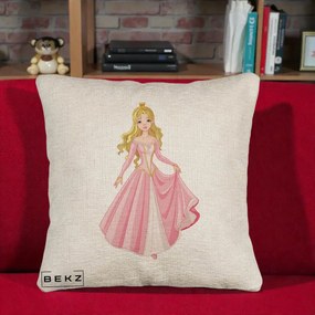 Perna Decorativa Printesa Aurora Rochie Roz, 40x40 cm, Bej Canapea, Husa Detasabila, Perna Inclusa, BEKZ®