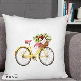 Perna Decorativa Bicicleta Galbena cu Cos de Flori Primavara, 40x40 cm, Alb Pufos, Husa Detasabila, Perna Inclusa, BEKZ®