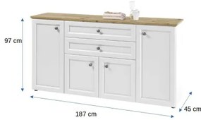 Bufet cu 4 usi si 2 sertare Toskana, Alb si Stejar Antic, 187 Cm