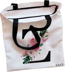 Sacosa de Panza pentru Cumparaturi, Geanta Tote, Cu litera Z si Trandafiri, Cu fermoar, 38x34.5 cm, Alba, BEKZ®