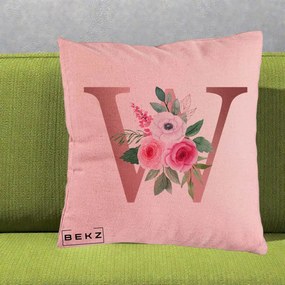 Cadou Personalizat - Perna Personalizata Monograma Rose Gold Litera W cu Trandafiri si Anemona, 40x40 cm, Roz, Husa Detasabila, Perna Inclusa, BEKZ®