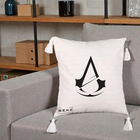 Perna Personalizata Assassin's Creed Minimalist, 40x40 cm, Bej cu Franjuri, Husa Detasabila, Perna Inclusa, BEKZ®