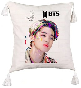 Perna Decorativa cu Franjuri BTS Jimin, 45x45 cm, Ecru, Cu fermoar