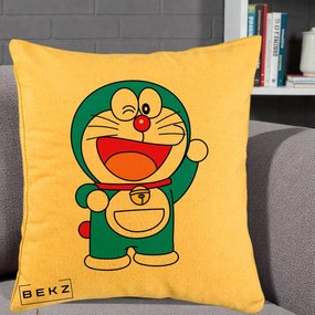 Perna Personalizata Doraemon Salutand, 40x40 cm, Galben, Husa Detasabila, Perna Inclusa, BEKZ®