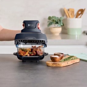 Resigilat: Friteuza cu aer cald portabila 4in1 Ninja CRISPi FN101EUGY, 1700 W, 3,8 l, 6 portii, 2 recipiente din sticla, 4 programe, Fara PFAS si BPA, Albastru inchis