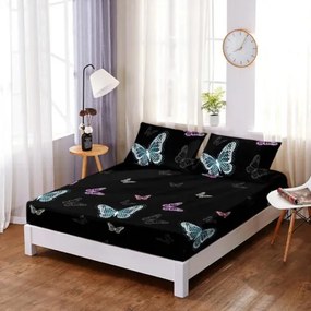 Husă de pat din FINET cu elastic si 2 fete de pernă, Blue Butterflyes 160x200