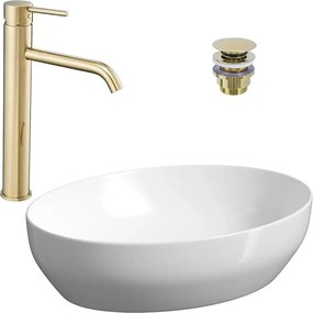 Pachet lavoar pe blat Cersanit Larga alb 50 cm, baterie lavoar Rea Lungo auriu si ventil lavoar Click-Clack auriu