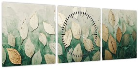 Tablou - Frunze verzi-aurii (cu ceas) (90x30 cm)