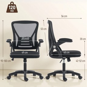 HOMCOM Scaun de Birou din Plasă cu Brațe Rabatabile, Suport Lombar, 59,5 x 56 x 103 cm, Negru | Aosom Romania