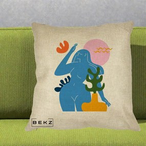 Perna Decorativa Femeie Albastra Cactus, 40x40 cm, Crem, Husa Detasabila, Perna Inclusa, BEKZ®