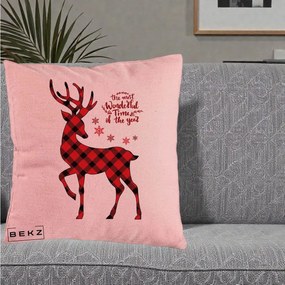 Perna Decorativa Ren Buffalo Plaid Craciun, 40x40 cm, Roz, Husa Detasabila, Perna Inclusa, BEKZ®