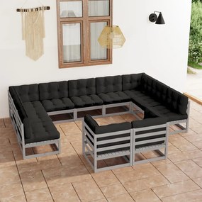 3077266 vidaXL Set mobilier grădină cu perne, 11 piese, gri, lemn masiv de pin