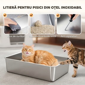 PawHut Litieră pentru Pisici Închisă din Oțel Inoxidabil XL cu Capac, Gri Deschis | Aosom Romania