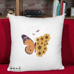 Perna Decorativa Fluture Floarea-Soarelui, 40x40 cm, Alb Pufos, Husa Detasabila, Perna Inclusa, BEKZ®