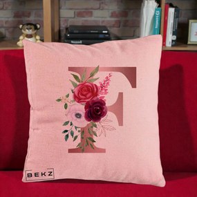 Cadou Personalizat - Perna Personalizata Monograma Rose Gold Litera F, 40x40 cm, Roz, Husa Detasabila, Perna Inclusa, BEKZ®