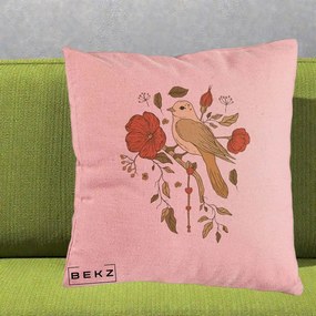 Perna Decorativa Pasare pe Ramura cu Maci, 40x40 cm, Roz, Husa Detasabila, Perna Inclusa, BEKZ®