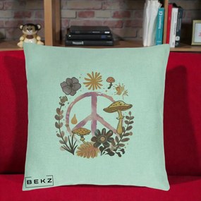 Perna Decorativa Peace Ciuperci Boho, 40x40 cm, Verde Menta, Husa Detasabila, Perna Inclusa, BEKZ®