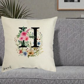Cadou Personalizat - Perna Personalizata Monogram Litera H cu Flori Acuarela, 40x40 cm, Ecru, Husa Detasabila, Perna Inclusa, BEKZ®
