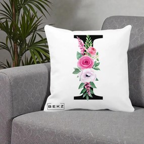 Cadou Personalizat - Perna Personalizata Monograma Florala Litera I, 40x40 cm, Alba Mata, Husa Detasabila, Perna Inclusa, BEKZ®