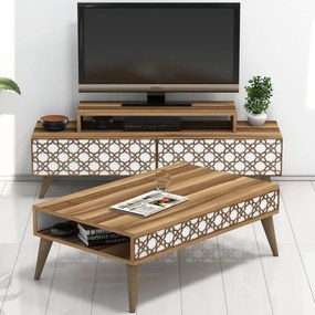Set Comoda TV si Masuta de Cafea Living City Walnut-Alb