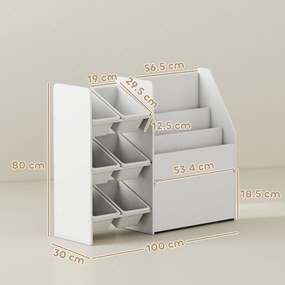 AIYAPLAY Raft pentru jucării cu 6 coșuri, 3 rafturi, din lemn, plastic și oțel, 100x30x80 cm, alb | Aosom Romania