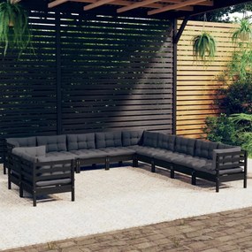 3096927 vidaXL Set mobilier grădină cu perne, 11 piese, negru, lemn masiv pin