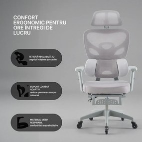 RESIGILAT- Scaun ergonomic, Suport Lombar 3 Zone Dinamice, Spătar ajustabil pe inaltime, cotiere 3D, tetiera 3D, suport pentru picioare, umeras, pivotant, Mesh, Gri