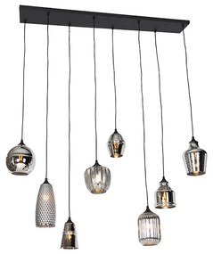 Lampă suspendată Art Deco neagră cu sticlă fumurie cu 8 lumini - Hanne