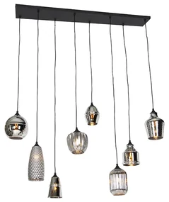 Lampă suspendată Art Deco neagră cu sticlă fumurie cu 8 lumini - Hanne