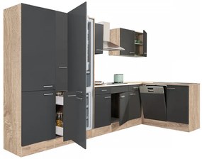 Dulap de bucătărie de colț Yorki 370 cu corp din stejar sonoma, față antracit satinat, dulap cu rafturi și frigider congelator inferior