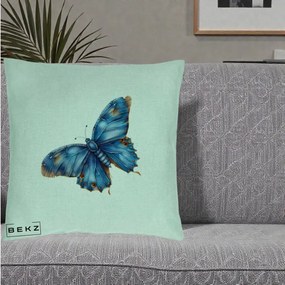 Perna Decorativa Fluture Albastru Satin cu Pete Aurii, 40x40 cm, Verde Menta, Husa Detasabila, Perna Inclusa, BEKZ®