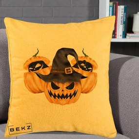 Perna Decorativa Trio Dovleci Jack-o-Lantern cu Palarie Vrajitoare, 40x40 cm, Galben, Husa Detasabila, Perna Inclusa, BEKZ®