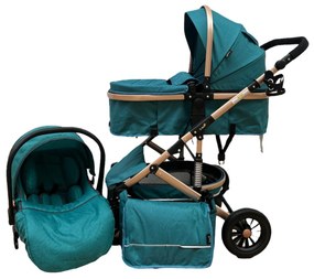 Carucior 3 in 1 reversibil cu scoica auto si geanta, 0-36 luni, Multicolor - CPC-10-turcoaz