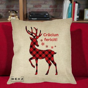 Perna Decorativa Ren Tartan Craciun Fericit, 40x40 cm, Crem, Husa Detasabila, Perna Inclusa, BEKZ®