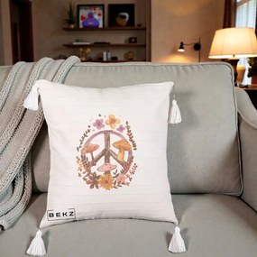Perna Decorativa Peace Sign Ciuperci Floral, 40x40 cm, Bej cu Franjuri, Husa Detasabila, Perna Inclusa, BEKZ®
