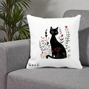 Perna Decorativa Pisica Neagra Botanica Rosu-Gri, 40x40 cm, Alba Mata, Husa Detasabila, Perna Inclusa, BEKZ®