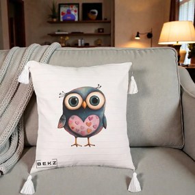 Perna Decorativa Bufnita cu Inimioare Roz, 40x40 cm, Bej cu Franjuri, Husa Detasabila, Perna Inclusa, BEKZ®