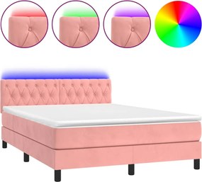 vidaXL Pat cu arcuri, cu saltea și LED, roz, 140x190 cm catifea