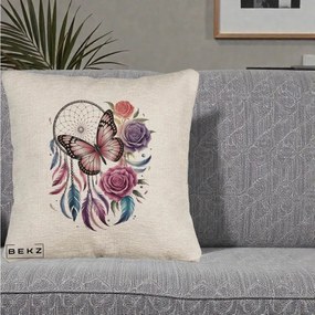 Perna Personalizata Prinzator de Vise cu Fluture si Trandafiri, 40x40 cm, Bej Canapea, Husa Detasabila, Perna Inclusa, BEKZ®