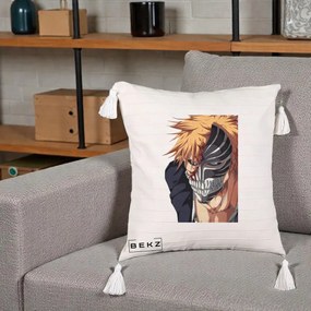 Perna Personalizata Bleach Ichigo Masca Hollow, 40x40 cm, Bej cu Franjuri, Husa Detasabila, Perna Inclusa, BEKZ®