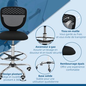Vinsetto Scaun de birou ergonomic din plasă, scaun de desen, înălțime și suport pentru picioare reglabile, 59 x 59 x 106-126 cm, negru | Aosom Romania