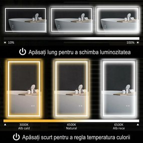 HOMCOM Oglindă de Baie Iluminată cu Lumini LED Reglabile și Strat Anti-Condens, 100x60 cm, Transparent | Aosom Romania