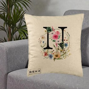 Cadou Personalizat - Perna Personalizata Monogram Litera N cu Flori Acuarela, 40x40 cm, Bej, Husa Detasabila, Perna Inclusa, BEKZ®